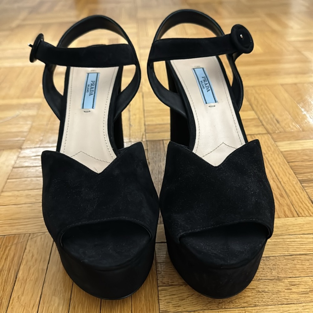 Prada platform black suede heels